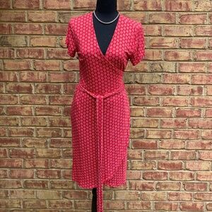 LOFT Red and White Wrap Short Sleeve Knee-Length Dress